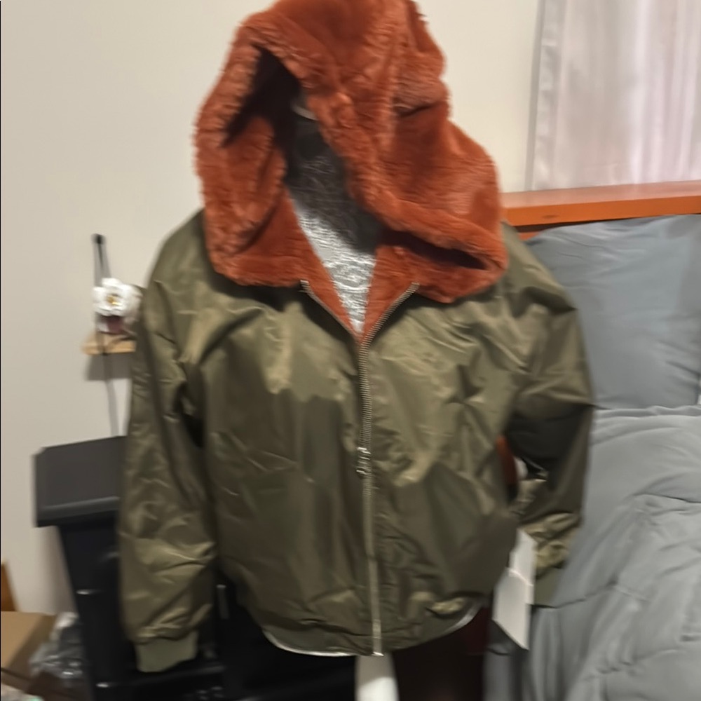 Reversible Blue Blush Olive Bomber Jacket with Rust Faux Fur, Size S